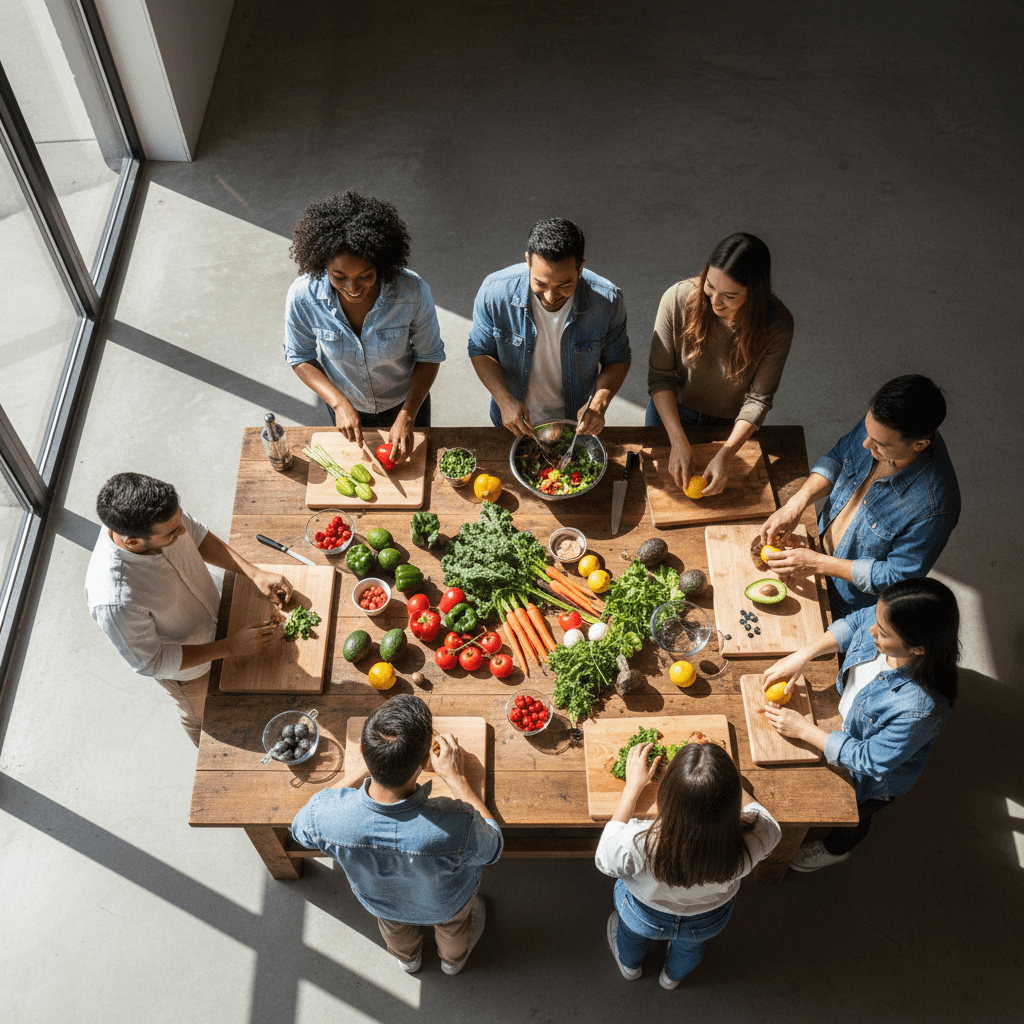 Group food prep collaboration at rotating stations