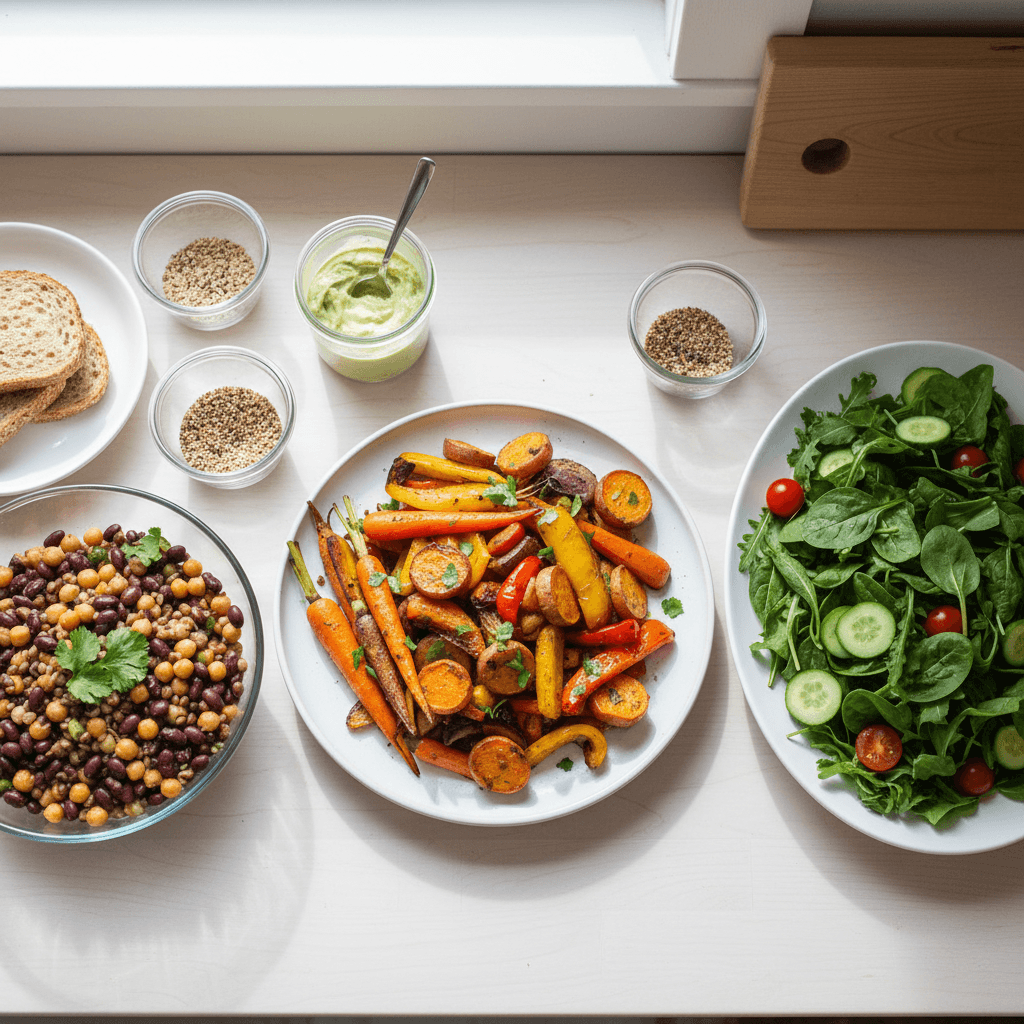 Three plant-based meal portions ready to portion