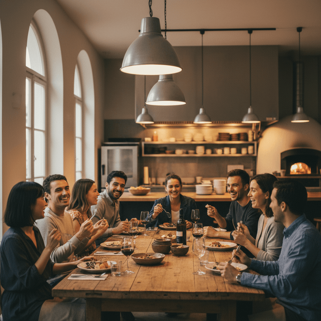 Group of young adults sharing a communal meal together