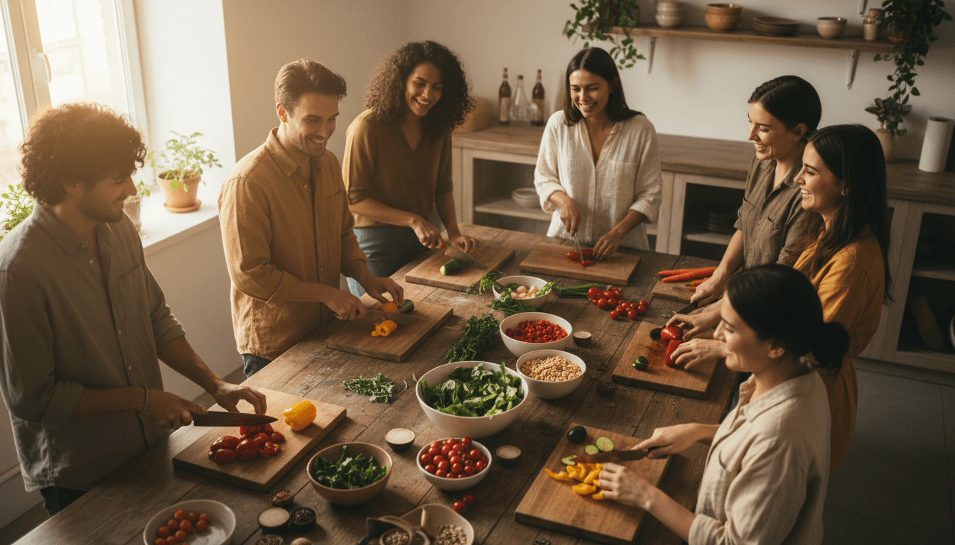 Young adults prepping fresh vegetables together at a communal cooking session