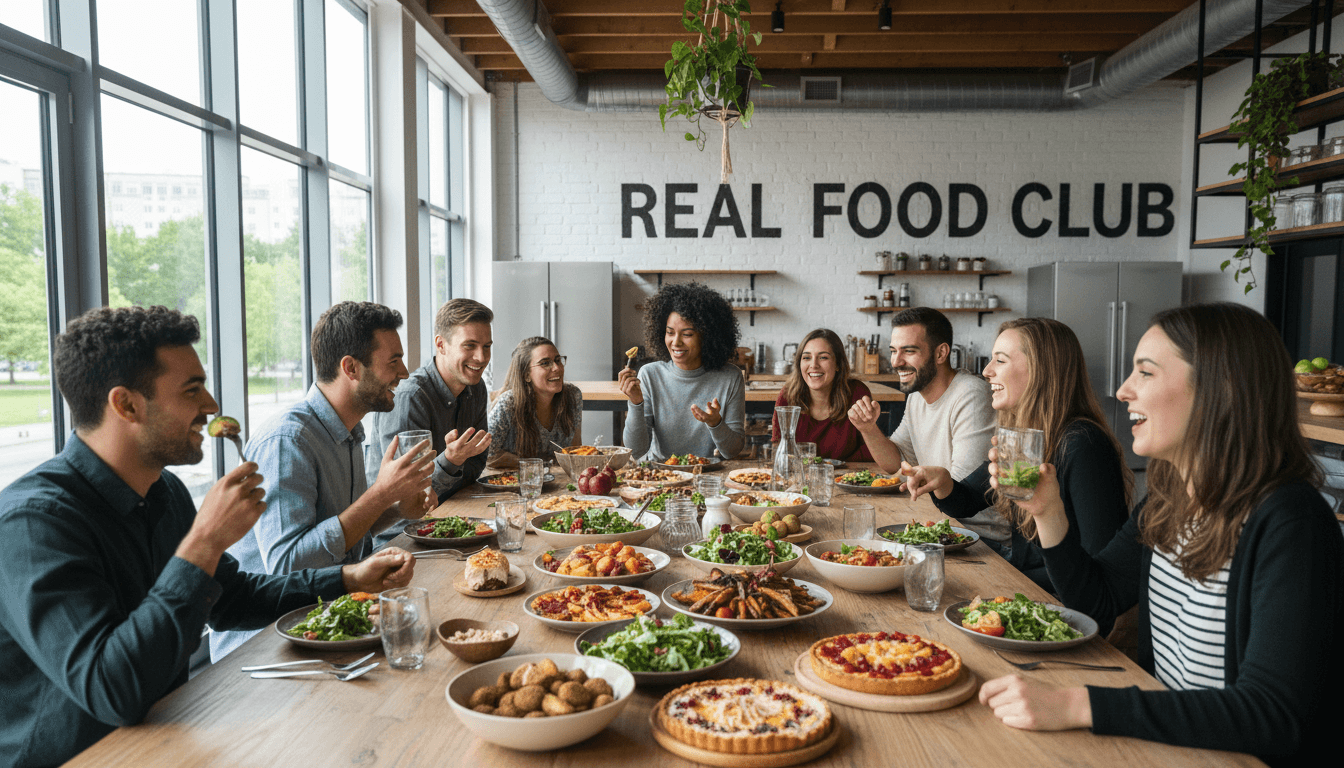 Young adults dining and socializing at a community meal prep event