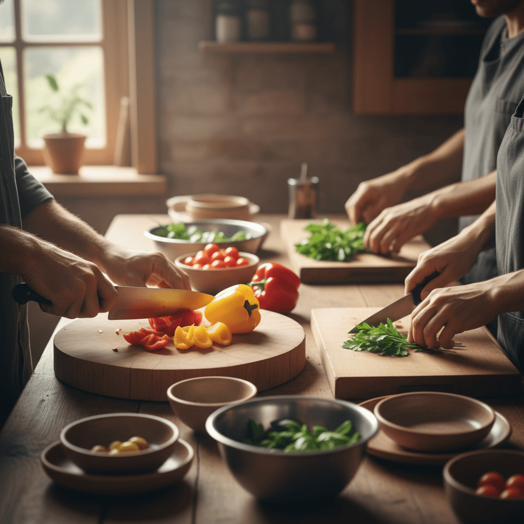 Hands preparing fresh vegetables at a communal prep station