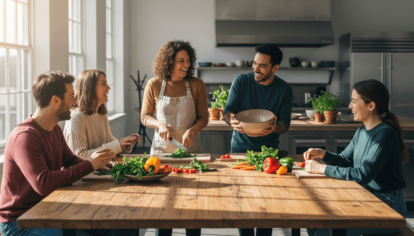 Group of young adults prepping fresh vegetables together in a bright kitchen, smiling and collaborating
