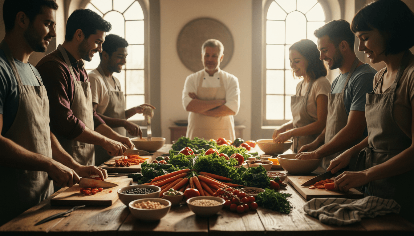 Young adults prepping fresh vegetables together at a wooden table during a Real Food Club session