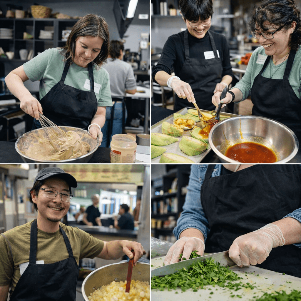 Collage of people whisking batter, glazing vegetables, stirring a pot, and chopping fresh herbs.