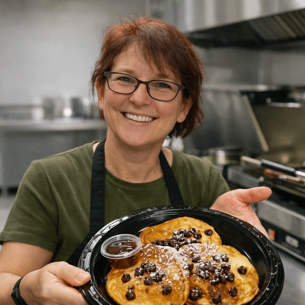 Smiling woman with red hair and glasses holds chocolate chip pancakes in a commercial kitchen.