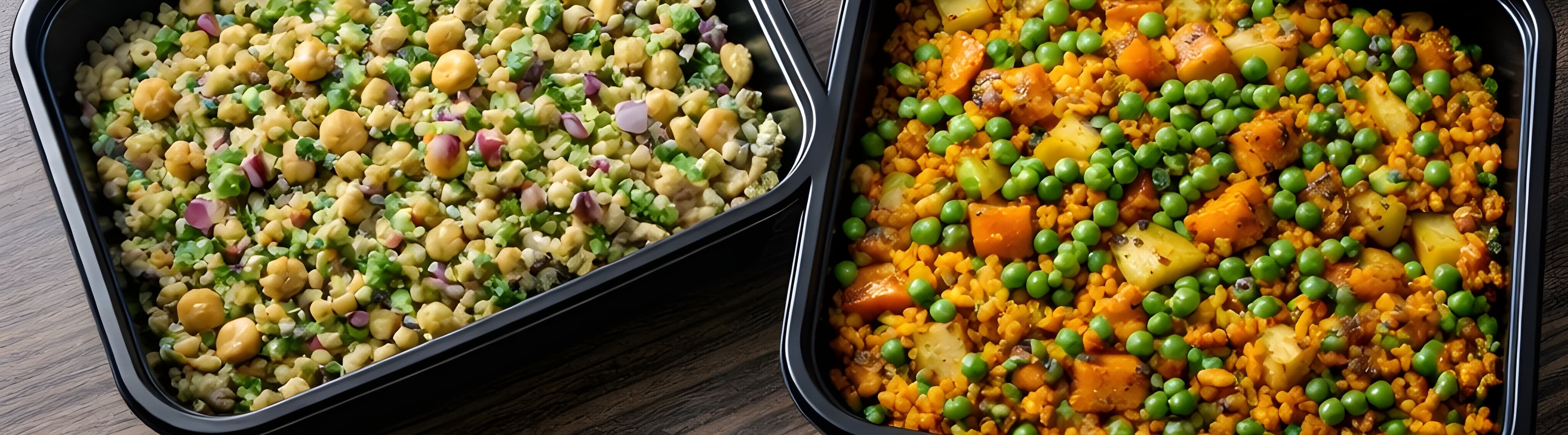 Two black containers filled with colorful grain salads featuring chickpeas, green peas, and sweet potato.