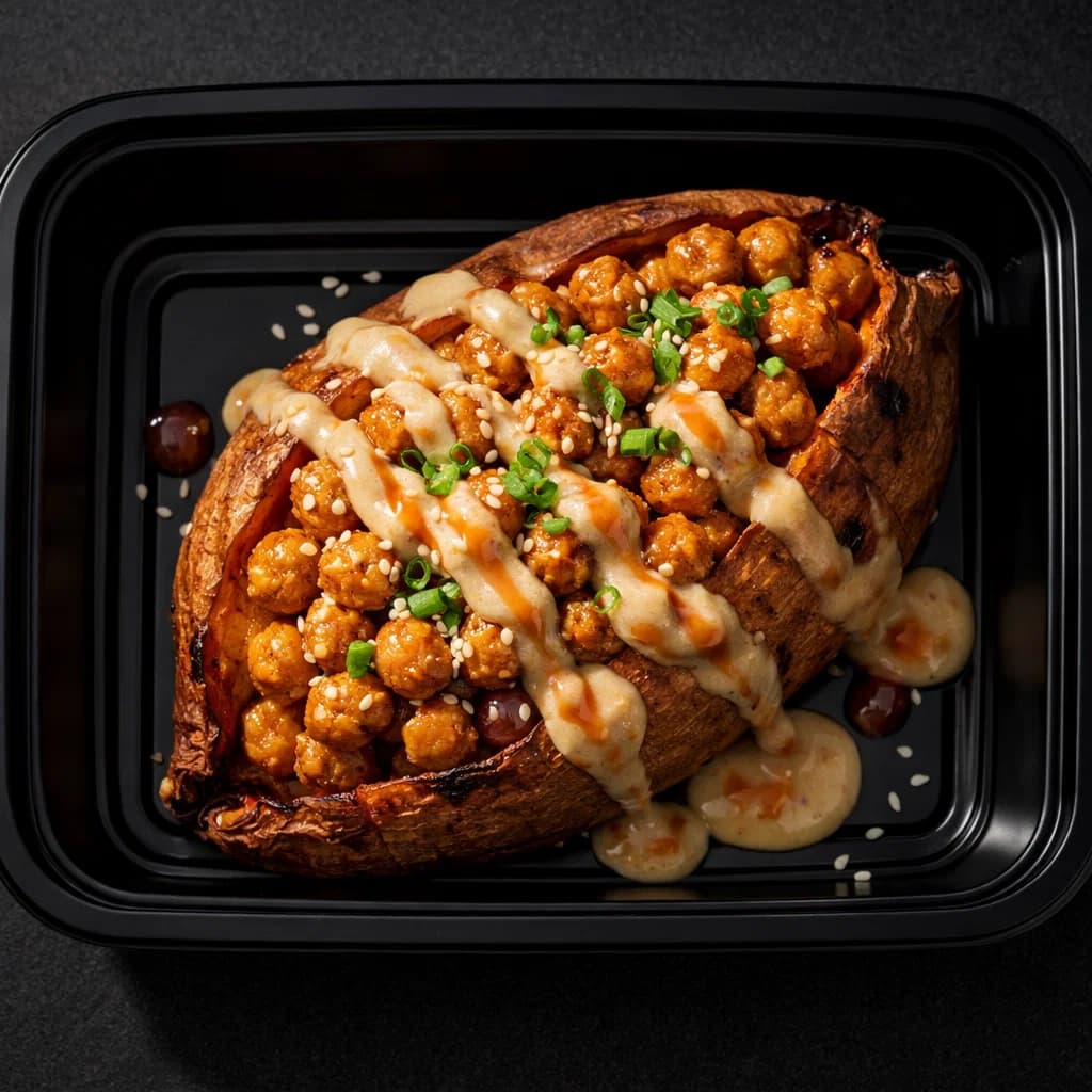 Baked sweet potato stuffed with glazed meatballs, creamy sauce, sesame seeds, and chopped scallions.